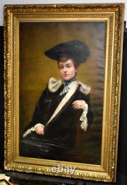 Oil painting portrait of an elegant woman with a headpiece signed from the 19th century Belle Époque