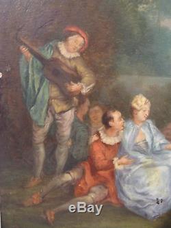 Old Oil On Copper Painting In The Style Of Watteau Xixth Century