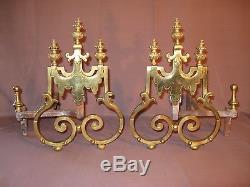 Old Pair Of Renaissance Style Firedogs In Gilt Bronze Xixth Century
