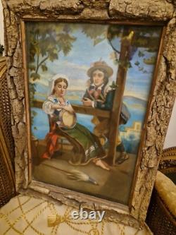 Old Pastel Romantic Scene 19th Century, Bark Frame