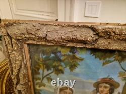 Old Pastel Romantic Scene 19th Century, Bark Frame