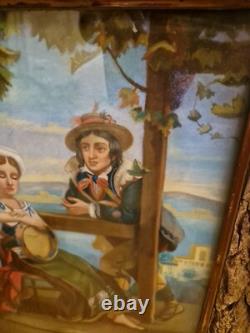 Old Pastel Romantic Scene 19th Century, Bark Frame