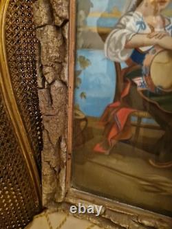 Old Pastel Romantic Scene 19th Century, Bark Frame