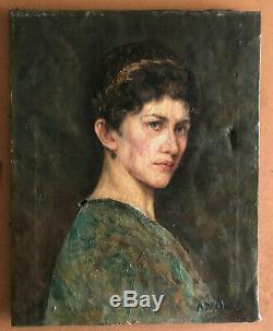 Old Portrait Of Woman Oil On Canvas Signed A Villier Epoque End Xixth 19th