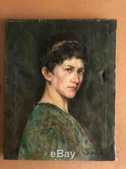 Old Portrait Of Woman Oil On Canvas Signed A Villier Epoque End Xixth 19th