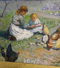 Old Table Oil On Canvas Girls Age Chickens Chicks Nineteenth