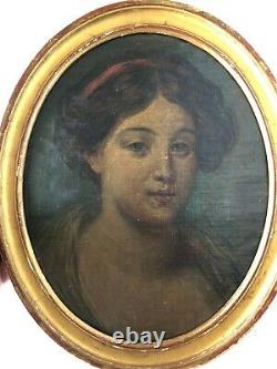 Old Time Early XIX Century Female Portrait Oil Painting On Cardboard