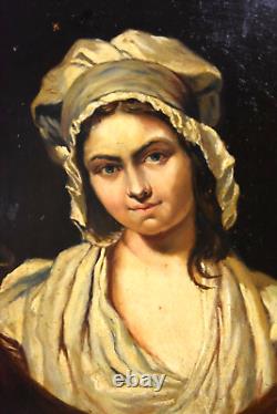 Old oil painting portrait of a girl with a headdress, signed, 19th century era