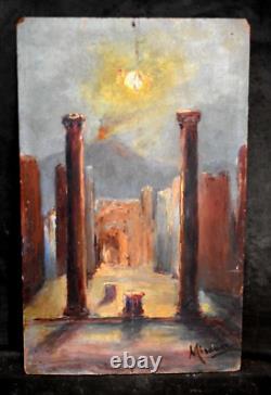 Old painting oil ruins evening in Pompeii signed Mésange 19th century