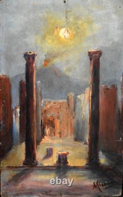 Old painting oil ruins evening in Pompeii signed Mésange 19th century