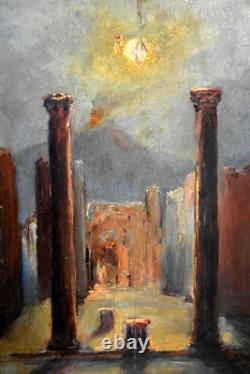 Old painting oil ruins evening in Pompeii signed Mésange 19th century