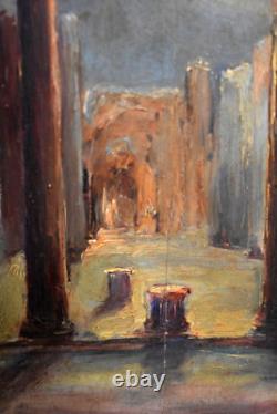Old painting oil ruins evening in Pompeii signed Mésange 19th century