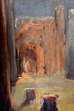Old painting oil ruins evening in Pompeii signed Mésange 19th century