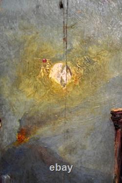 Old painting oil ruins evening in Pompeii signed Mésange 19th century