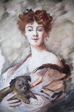 Original Watercolor-portrait-young Woman To Dog-time XIX Th