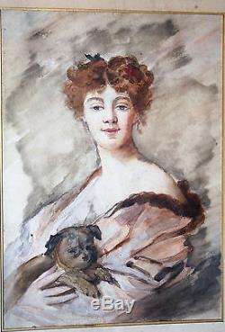 Original Watercolor-portrait-young Woman To Dog-time XIX Th