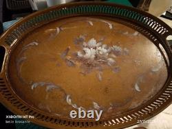 Oval tray in painted metal with floral decoration on ochre background, 19th century, size 3