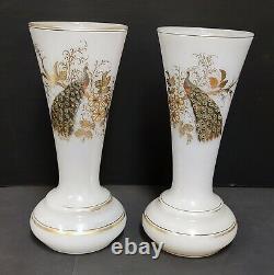 PAIR OF WHITE OPALINE VASES WITH ENAMELED PEACOCK DECORATION, NAPOLEON III PERIOD 19TH CENTURY