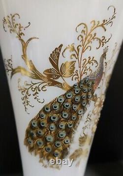 PAIR OF WHITE OPALINE VASES WITH ENAMELED PEACOCK DECORATION, NAPOLEON III PERIOD 19TH CENTURY