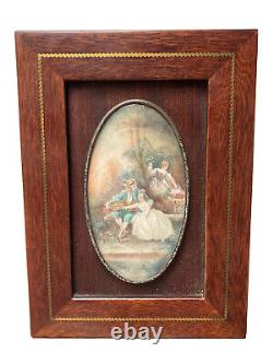 Painting Miniature Signed Scene Galante Characters Bird Cage Age 19th