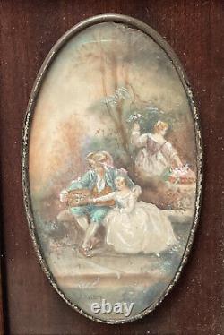 Painting Miniature Signed Scene Galante Characters Bird Cage Age 19th