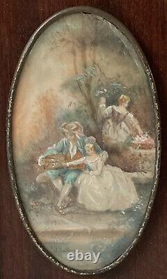 Painting Miniature Signed Scene Galante Characters Bird Cage Age 19th