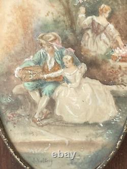 Painting Miniature Signed Scene Galante Characters Bird Cage Age 19th