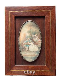 Painting Miniature Signed Scene Galante Characters Bird Cage Age 19th