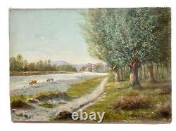 Painting Oil On Canvas Landscape Vaches River Village Trees Epoque XIX Ème