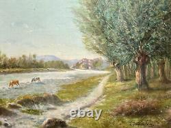 Painting Oil On Canvas Landscape Vaches River Village Trees Epoque XIX Ème