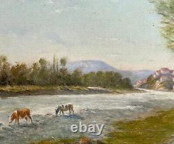 Painting Oil On Canvas Landscape Vaches River Village Trees Epoque XIX Ème