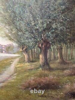 Painting Oil On Canvas Landscape Vaches River Village Trees Epoque XIX Ème