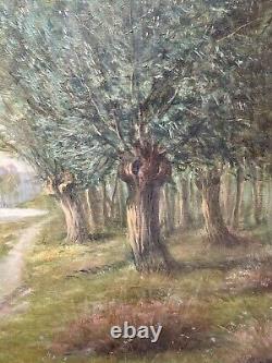 Painting Oil On Canvas Landscape Vaches River Village Trees Epoque XIX Ème