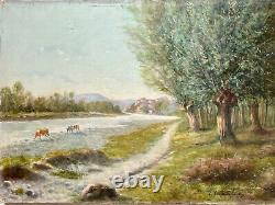 Painting Oil On Canvas Landscape Vaches River Village Trees Epoque XIX Ème