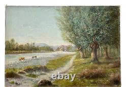 Painting Oil On Canvas Landscape Vaches River Village Trees Epoque XIX Ème