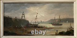 Painting Oil On Marine Panel Seaside Boats Characters Period 19th