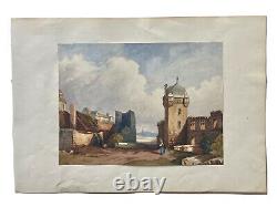 Painting Watercolor Landscape Village Ruins Castle Characters Epoque XIX Ème