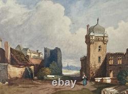 Painting Watercolor Landscape Village Ruins Castle Characters Epoque XIX Ème