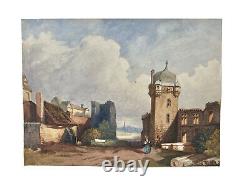 Painting Watercolor Landscape Village Ruins Castle Characters Epoque XIX Ème