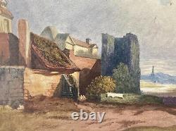 Painting Watercolor Landscape Village Ruins Castle Characters Epoque XIX Ème