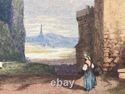 Painting Watercolor Landscape Village Ruins Castle Characters Epoque XIX Ème