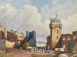 Painting Watercolor Landscape Village Ruins Castle Characters Epoque XIX Ème