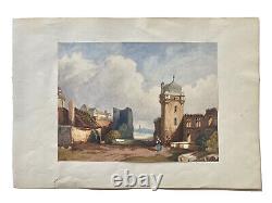 Painting Watercolor Landscape Village Ruins Castle Characters Epoque XIX Ème