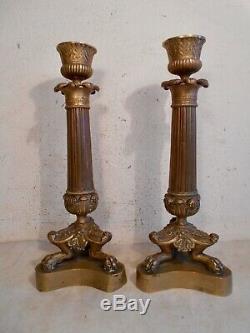 Pair Ancien Boutonoir Bronze Time Napoleon Empire Foot Griffes Palmette Xixth