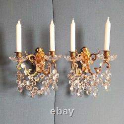 Pair Appliques Bronze Doré Pampilles Crystal Napoleon III Era 19th Xixth