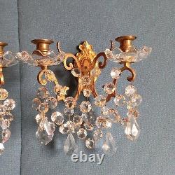 Pair Appliques Bronze Doré Pampilles Crystal Napoleon III Era 19th Xixth