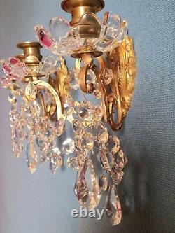 Pair Appliques Bronze Doré Pampilles Crystal Napoleon III Era 19th Xixth