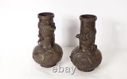 Pair Bronze Vases China Decoration Dragon Flowers Era Xixth