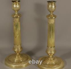 Pair Of Bronze Candlesticks And Brass Guilloché, Period Restoration, Xixth