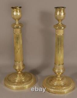 Pair Of Bronze Candlesticks And Brass Guilloché, Period Restoration, Xixth